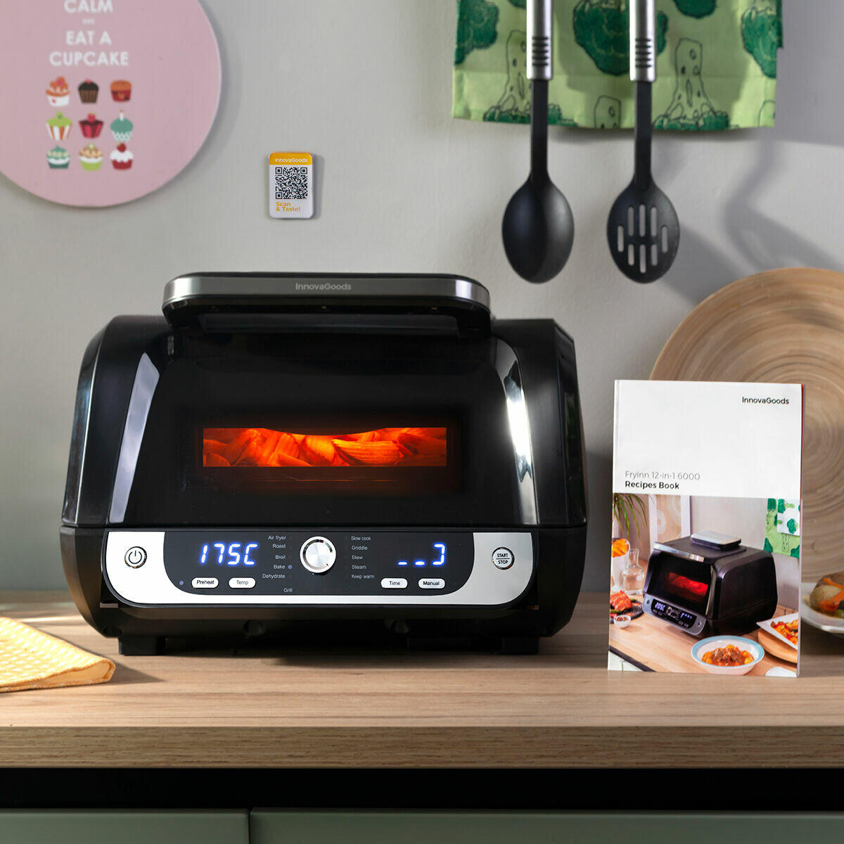 Freidora de aire con grill Fryinn 12-en-1 en negro, accesorios y recetario, 6000 W, capacidad de 6 litros, acero inoxidable.