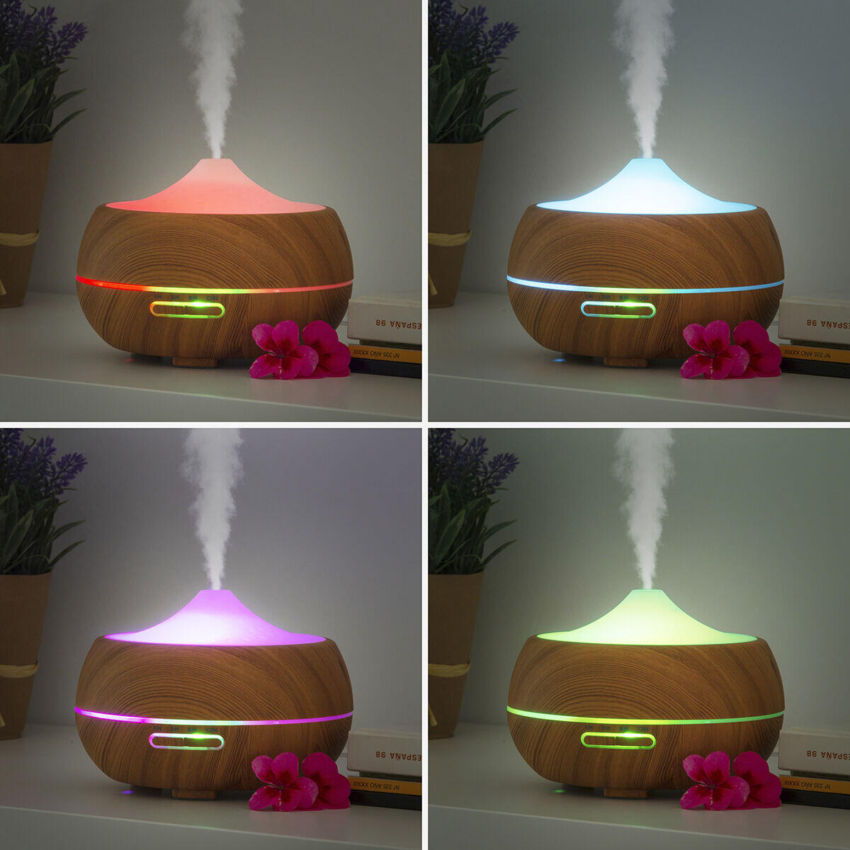 Difusor de aromas Humidificador Dropea InnovaGoods con LED multicolor y acabado en madera, ideal para aromaterapia y humidificación.