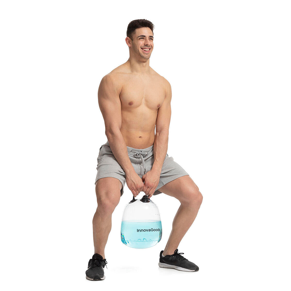 Pesa rusa de agua de fibra para entrenamiento fitness con guía de ejercicios, marca Fibell de Innovagizmo.