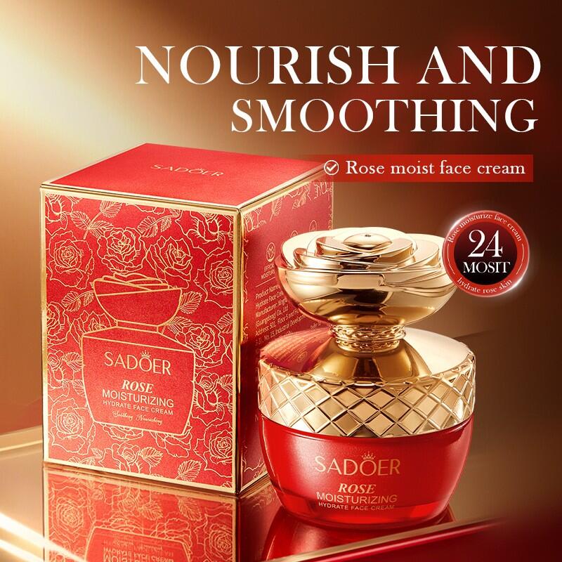 Crema facial de rosa SADOER de 50g en envase, hidratación profunda y brillo natural para la piel.