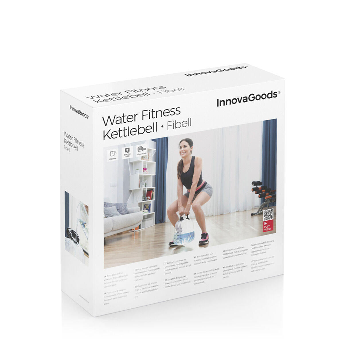 Pesa rusa de agua para entrenamiento fitness Fibell de Innovagizmo, con guía de ejercicios y diseño resistente para ejercicio físico.