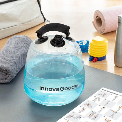 Pesa rusa de agua Fibell de Innovagizmo para entrenamiento fitness, con guía de ejercicios y diseño resistente en la imagen.