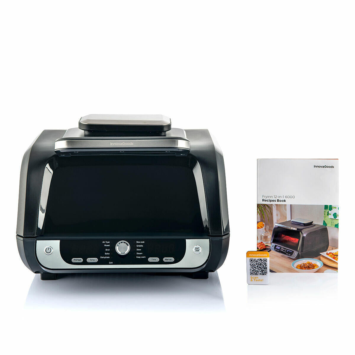 Freidora de aire con grill Fryinn 12 en 1 en color negro y acero, accesorios y recetario, potencia de 3400 W y capacidad de 6 L