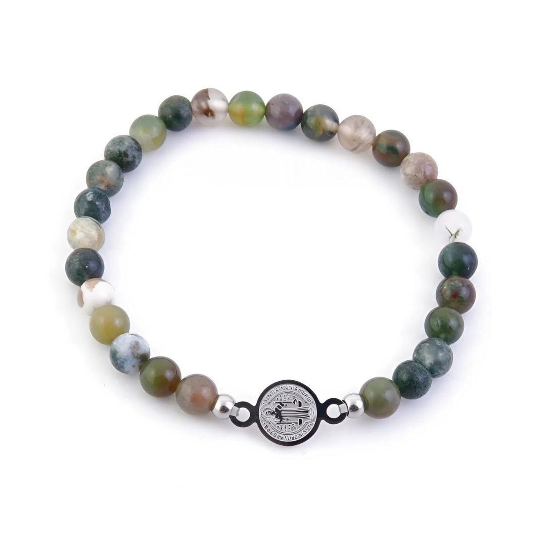 Pulsera de mineral de ágata india con amuleto de San Benito, joya espiritual y decorativa de Mystical Tienda.