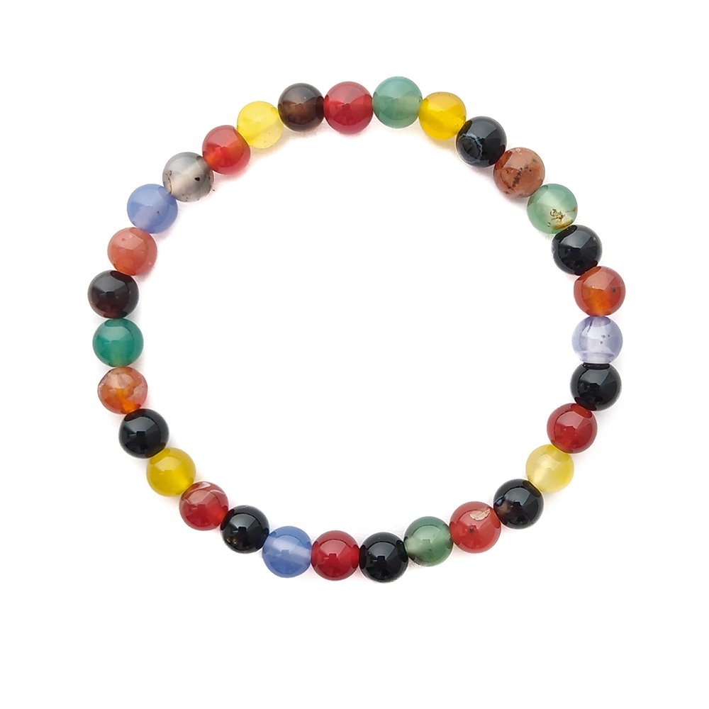 Pulsera de mineral Ágata multicolor con bolas lisas, joyería decorativa y colorida.