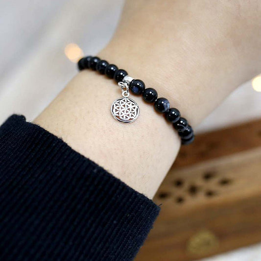 Pulsera de Ágata Negra y Flor de la Vida en Plata de Ley