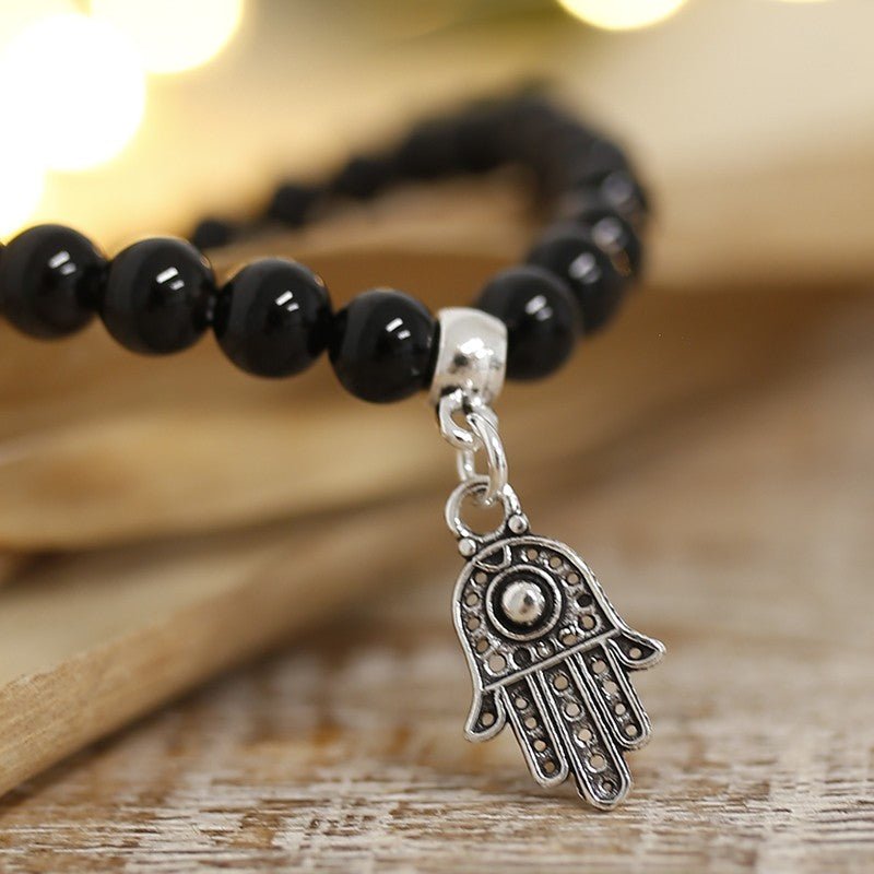 Pulsera de Ágata Negra y Mano de Fátima en Plata de Ley - Sensaido