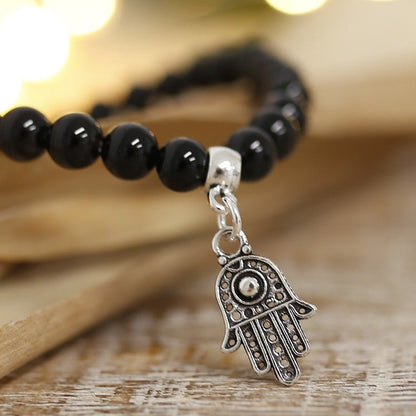 Pulsera de Ágata Negra y Mano de Fátima en Plata de Ley - Sensaido