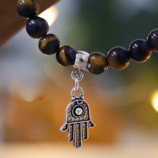 Pulsera de Ágata Negra y Mano de Fátima en Plata de Ley - Sensaido