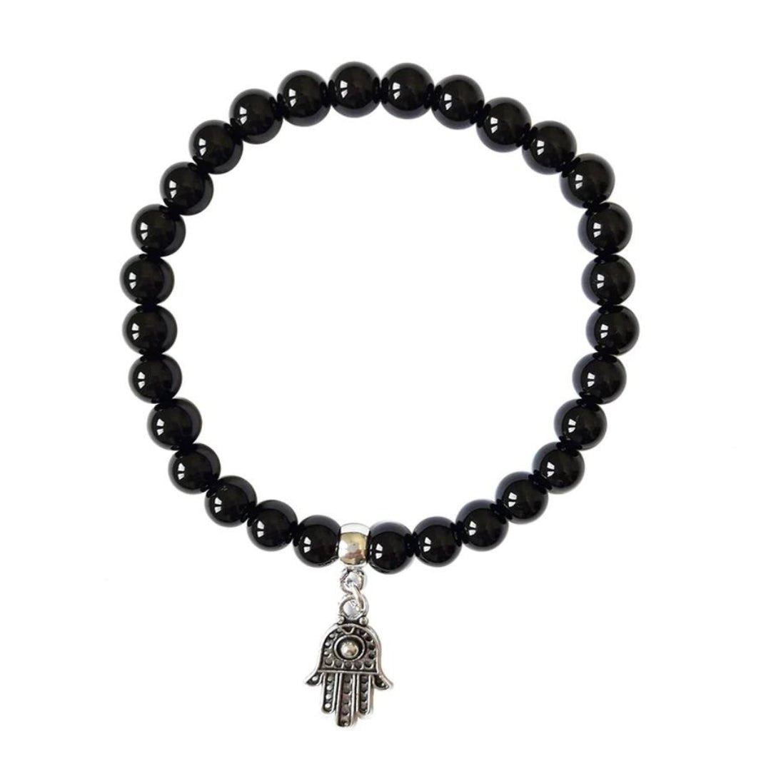 Pulsera de Ágata Negra y Mano de Fátima en Plata de Ley - Sensaido