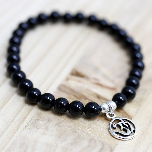 Pulsera de Ágata Negra y Símbolo OM en Plata de Ley - Sensaido