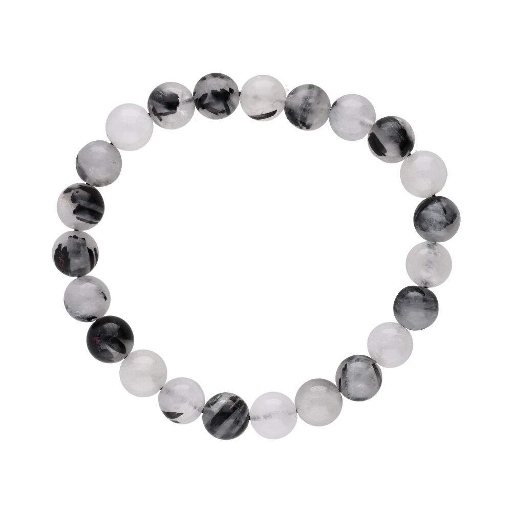 Pulsera de mineral de cuarzo turmalinado con bolas lisas, hecha por Mystical Tienda, mostrando las piedras redondas y pulidas.
