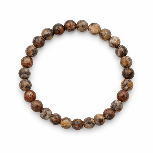 Pulsera de mineral Jaspe Leopardo con bolas lisas, joyería natural y elegante con cristales de colores tierra.
