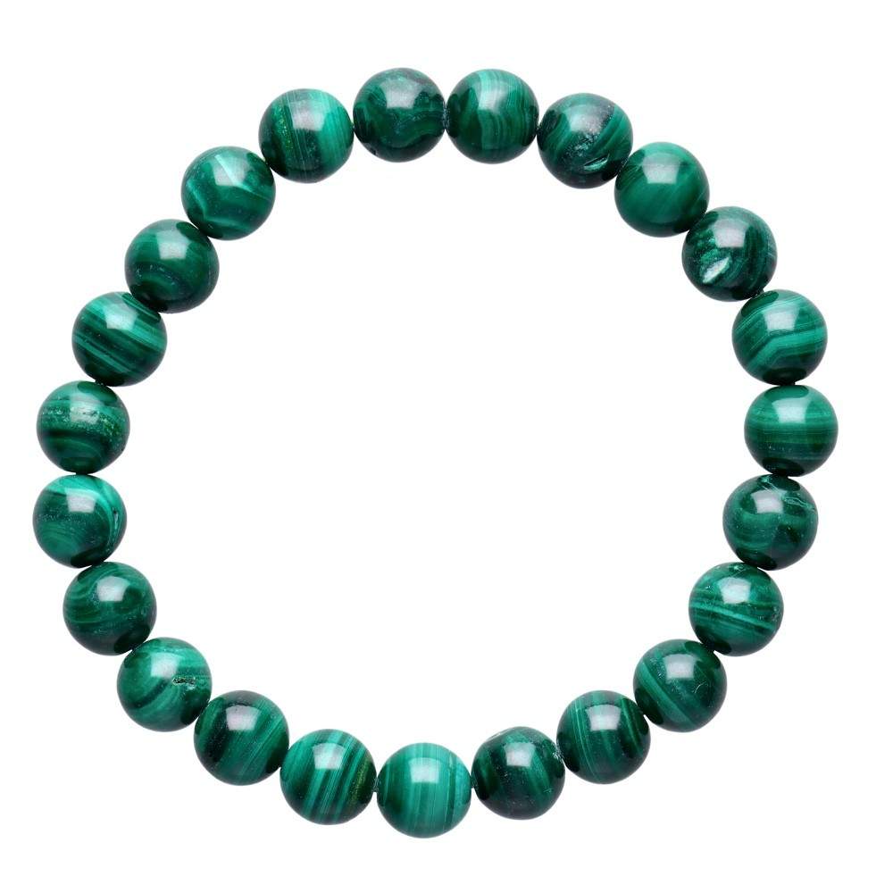 Pulsera de malaquita con bolas lisas, mineral de color verde intenso, en estilo simple y elegante, de la marca Mystical Tienda.
