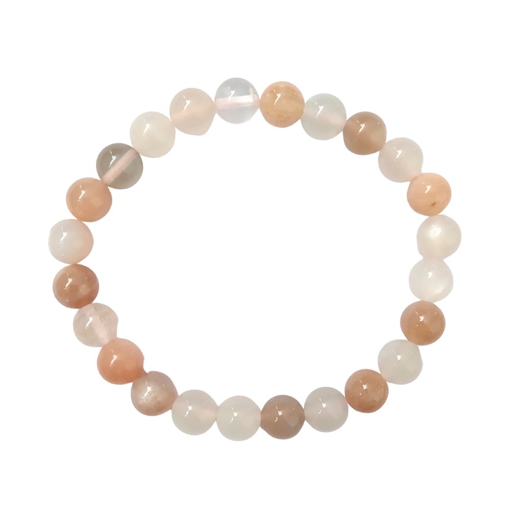 Pulsera de piedra de luna multicolor de mineral, con cuentas redondas y brillo natural, ideal para accesorios de moda y bienestar.