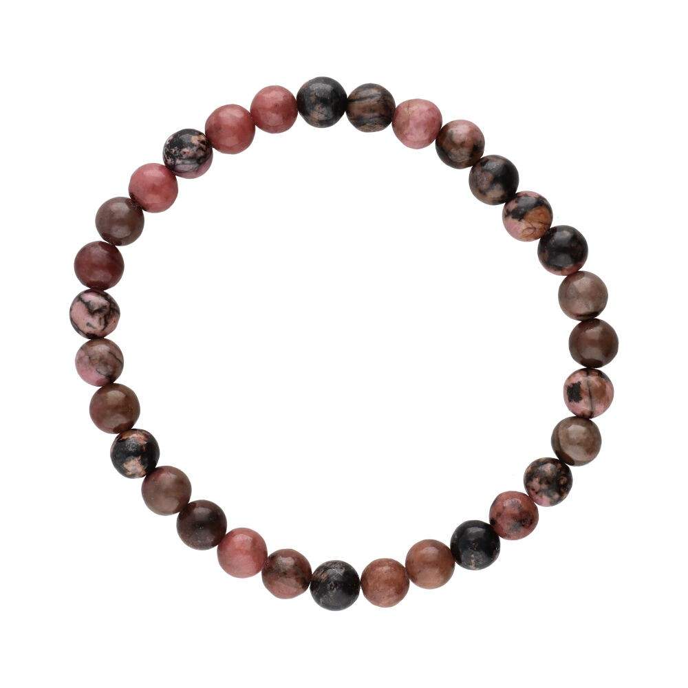 Pulsera de mineral Rodonita con bolas lisas, joyería de Mystical Tienda, muestra las piedras rosadas y su acabado pulido.