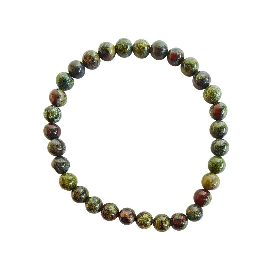 Pulsera de mineral Sangre de Dragón con bolas lisas, joya de estilo místico y natural, ideal para accesorios de energía y protección.