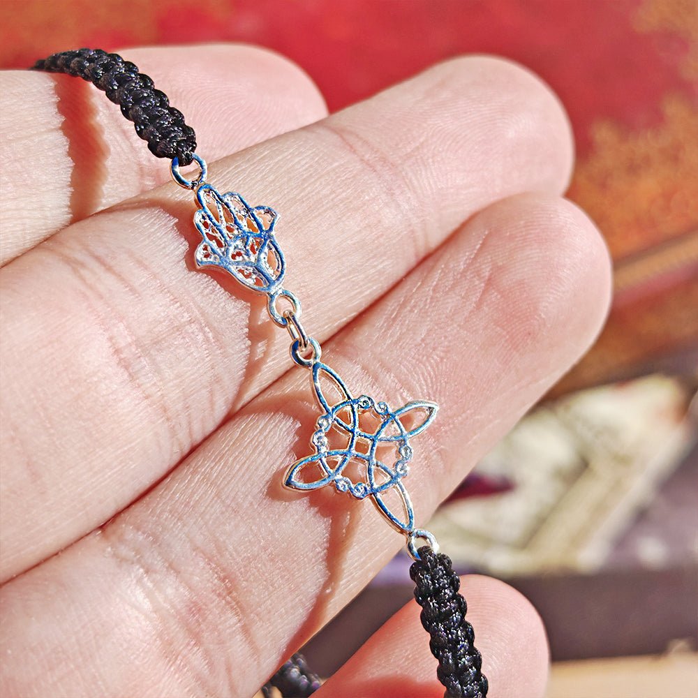 Pulsera Macramé Mano de Fátima y Nudo de Bruja - Plata de ley 925