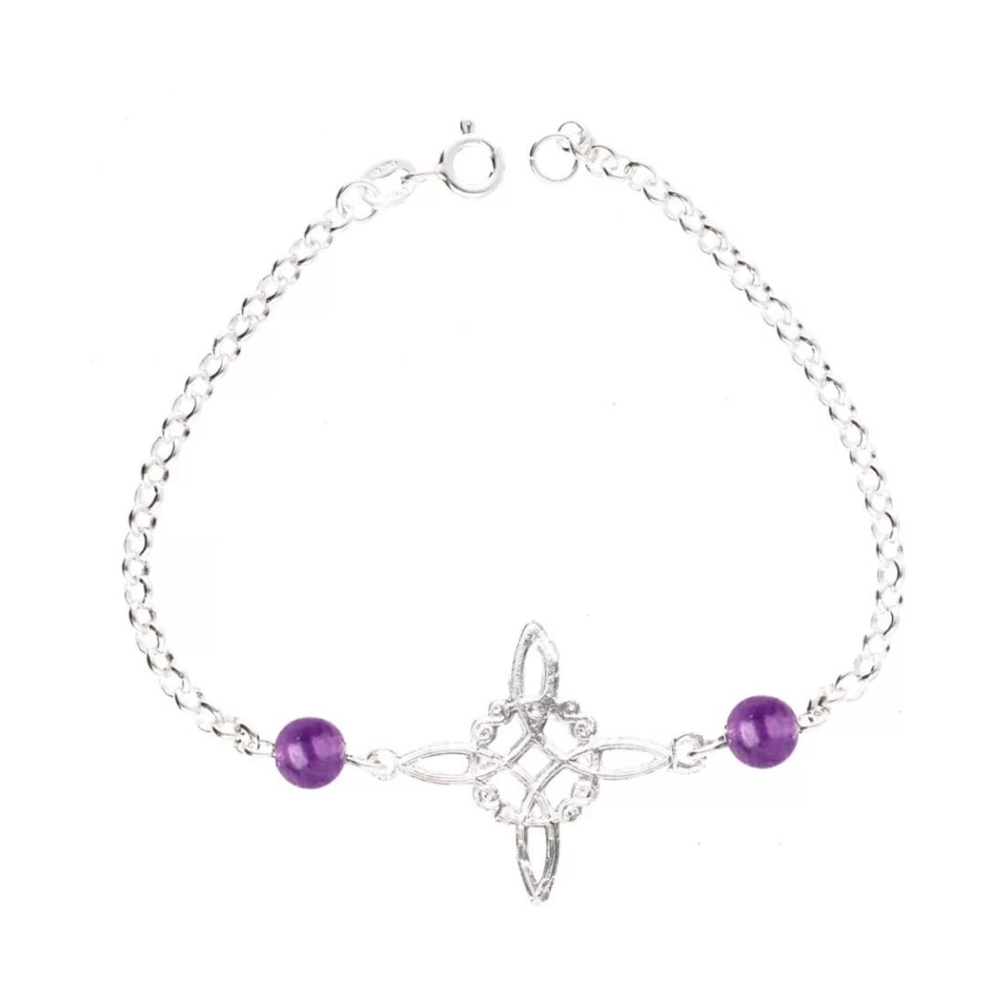 Pulsera de plata de ley 925 con nudo de bruja y bola de amatista, joyería elegante y mística de Mystical Tienda.