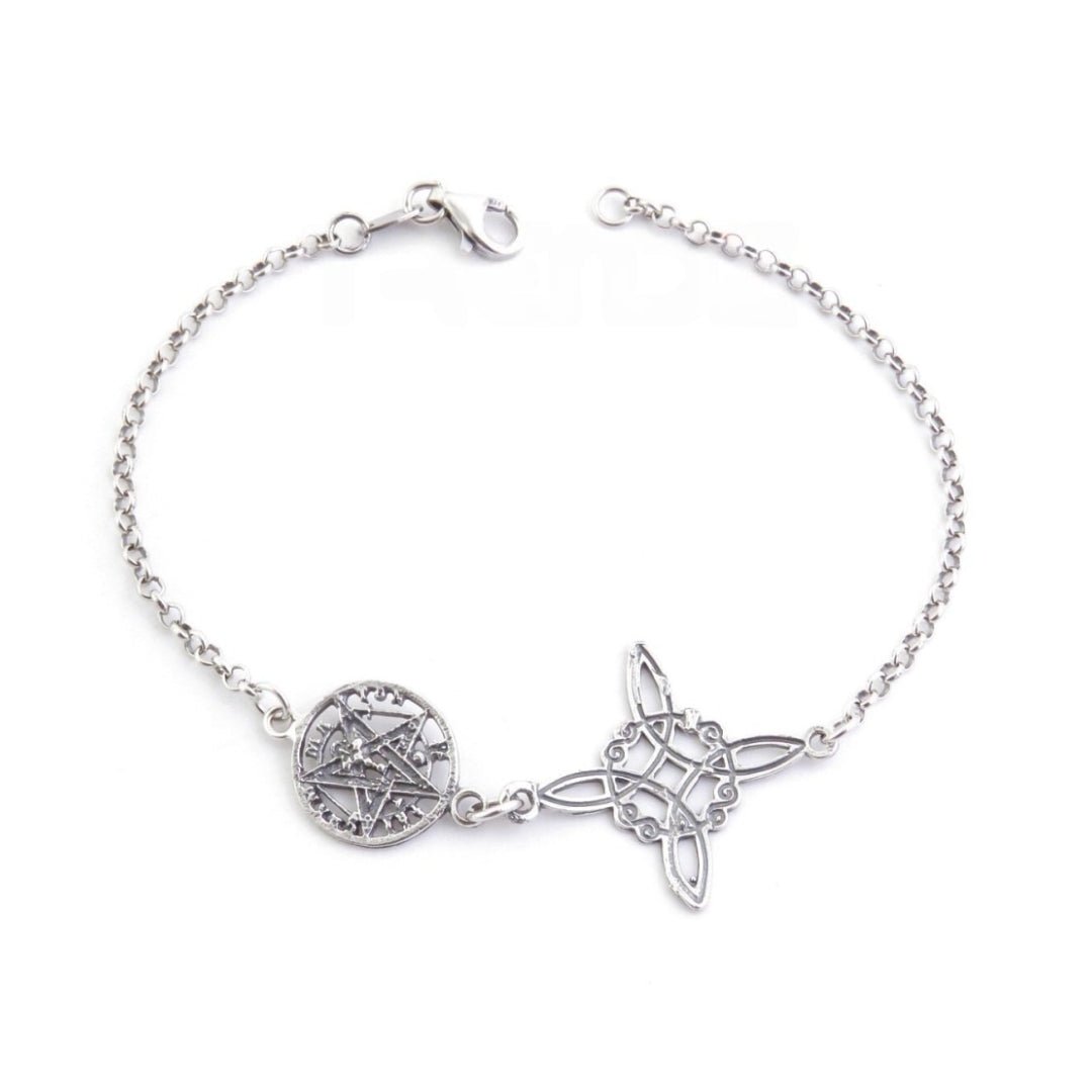Pulsera de plata de ley 925 con nudo de bruja y tetragramaton, acabado envejecido, diseñada por Mystical Tienda.