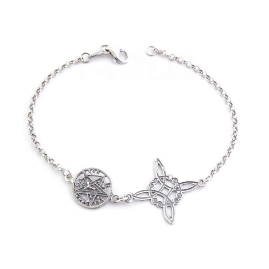 Pulsera de plata de ley 925 con nudo de bruja y tetragramaton, acabado envejecido, diseñada por Mystical Tienda.