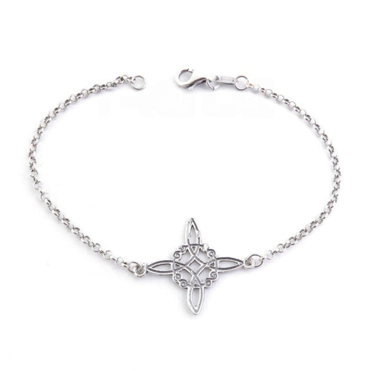 Pulsera protectora de plata de ley 925 con nudo de bruja envejecido, diseño único y artesanal, de la marca Mystical Tienda.