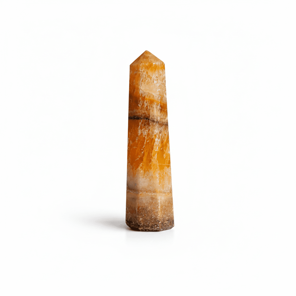 Punta de calcita amarilla de la marca Mystical Tienda, utilizada para limpieza y confianza, con forma puntiaguda y brillante.