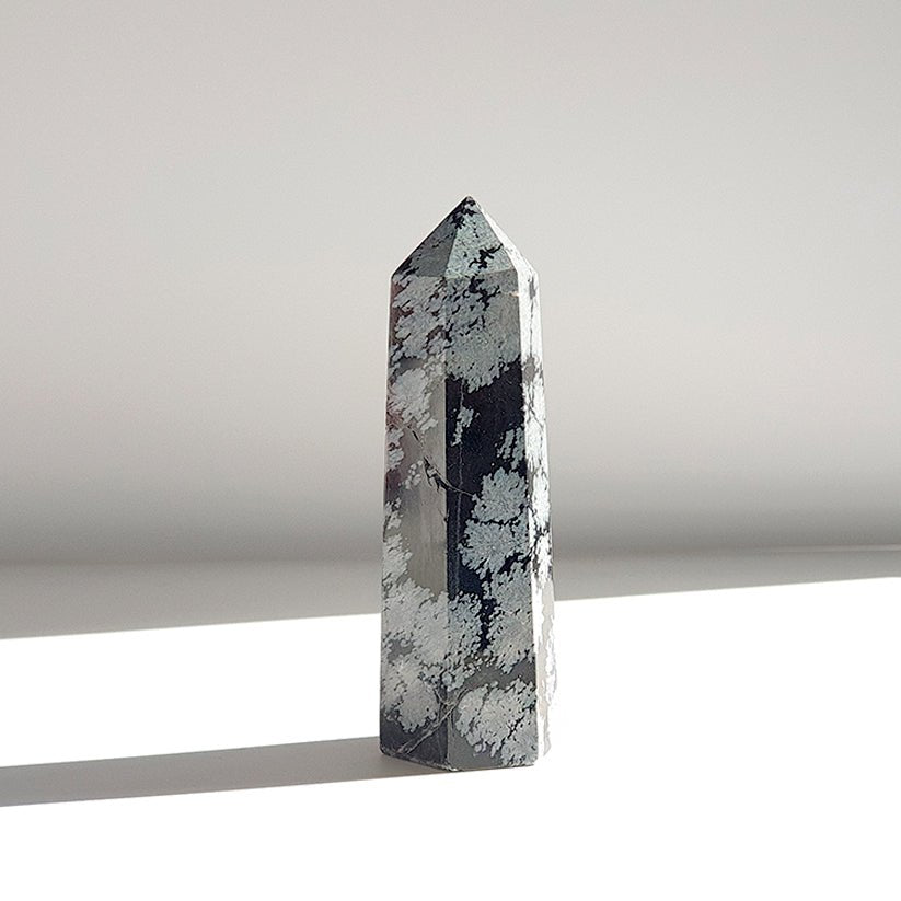 Punta de obsidiana Nevada de Mystical Tienda, muestra su forma pulida y brillante para protección y equilibrio espiritual.