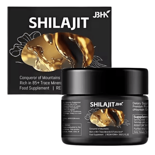 Resina de Shilajit del Himalaya en presentación de suplemento dietético, muestra la resina pura y oscura para energía y vitalidad natural