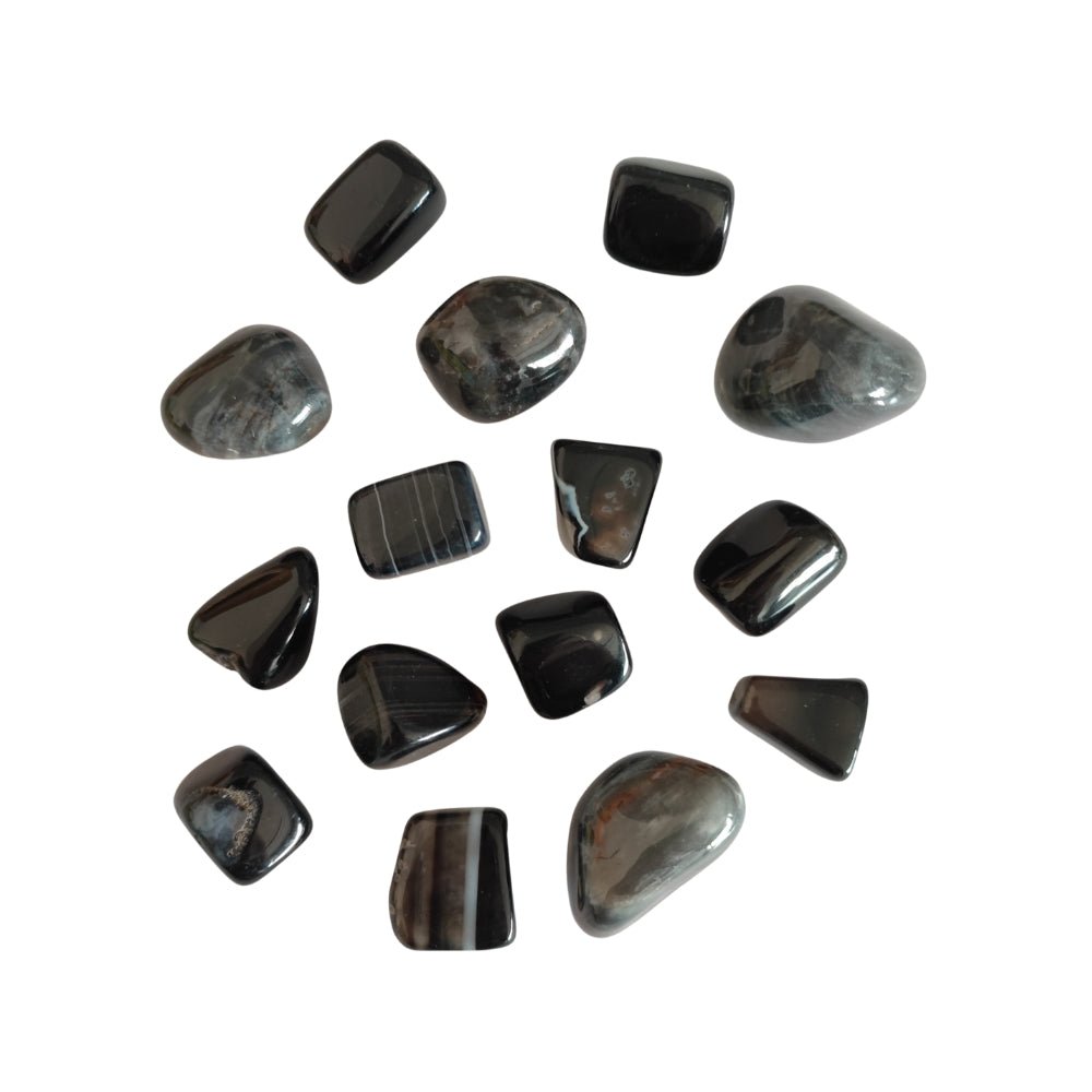 Rodado de Ágata Negra de 10 cm de la marca Mystical Tienda, superficie pulida y brillante, usado para decoración y energización.