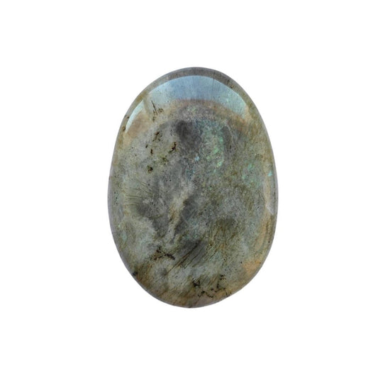 Rodado plano de labradorita con brillo iridiscente, pieza de cristal natural de la marca Mystical Tienda en tonos azules y verdes