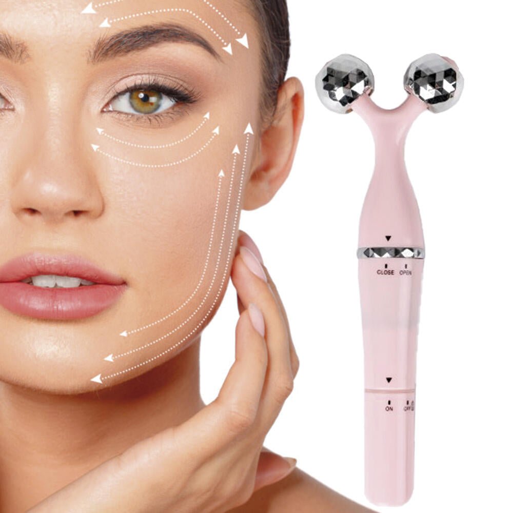 Rodillo masajeador facial 3 en 1 de innovagizmo, con diferentes cabezales para relajación y tonificación de la piel facial.