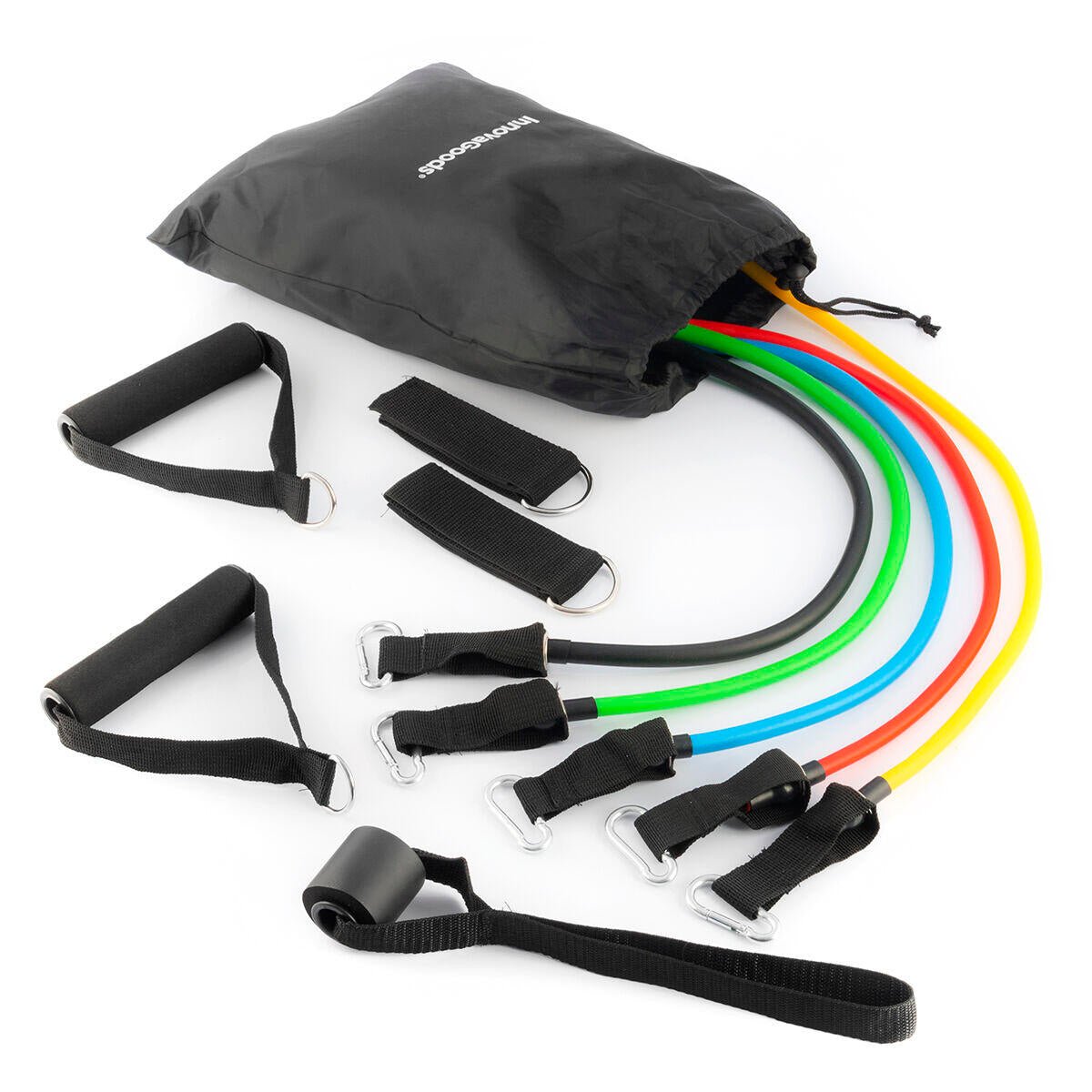 Set de 5 bandas de resistencia Innovagizmo con accesorios y guía de ejercicios para entrenamiento en casa.