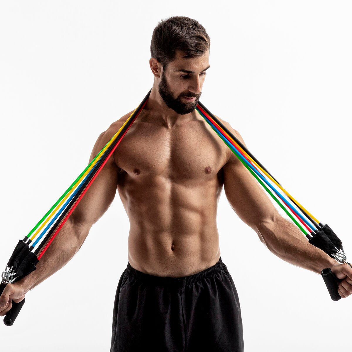 Set de 5 bandas de resistencia innovagizmo con accesorios y guía de ejercicios para entrenamiento en casa.
