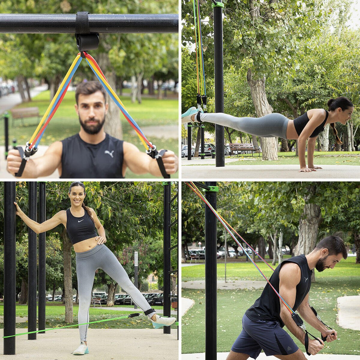 Set de 5 bandas de resistencia innovagizmo con accesorios y guía de ejercicios para entrenamiento físico en casa.