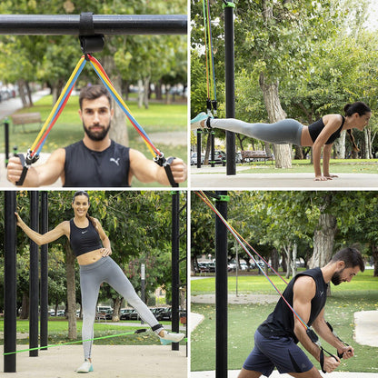 Set de 5 bandas de resistencia innovagizmo con accesorios y guía de ejercicios para entrenamiento físico en casa.