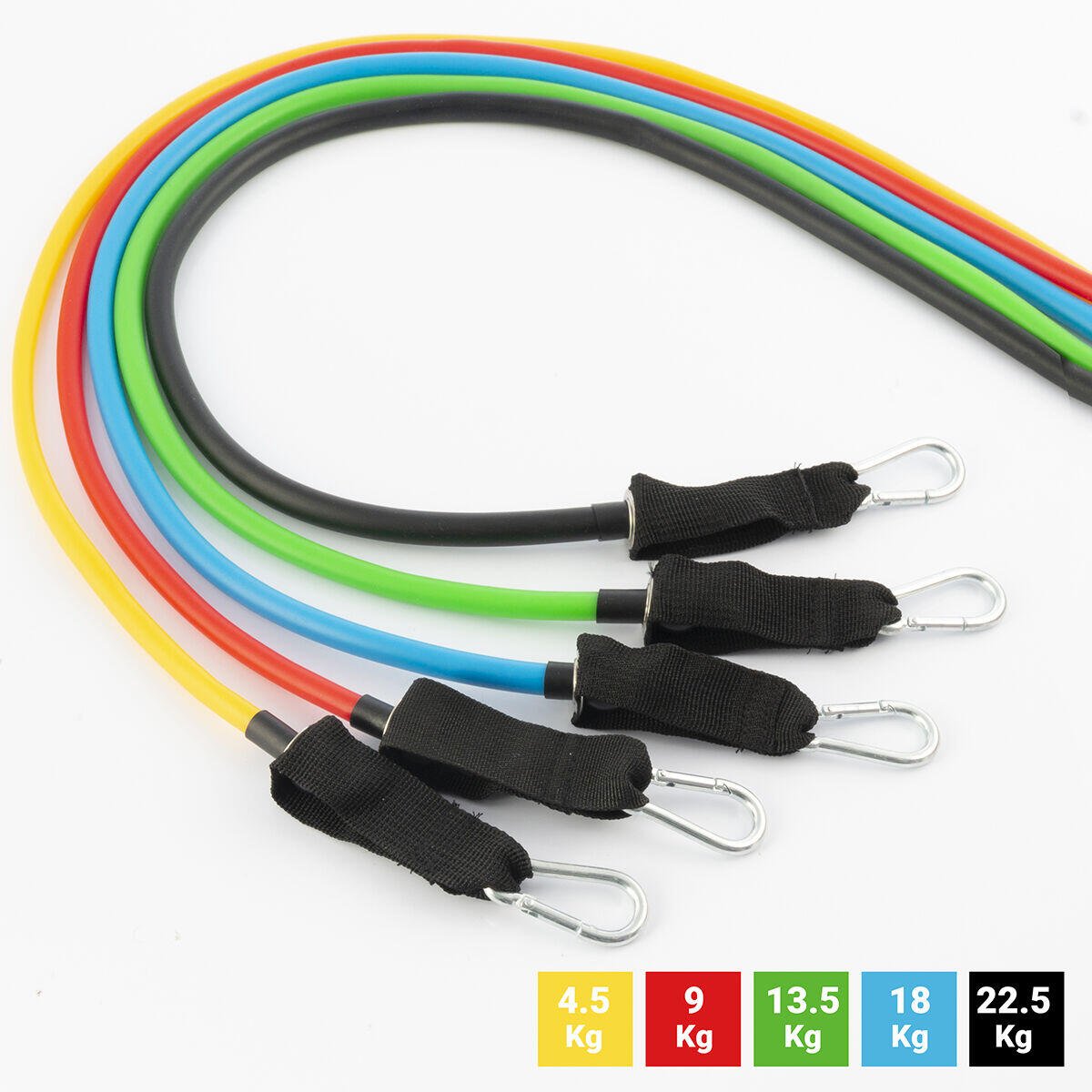 Set de 5 bandas de resistencia Innovagizmo con accesorios y guía de ejercicios para entrenamiento en casa.
