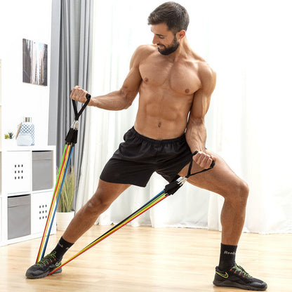 Set de 5 bandas de resistencia Innovagizmo con accesorios y guía de ejercicios para entrenamiento en casa.