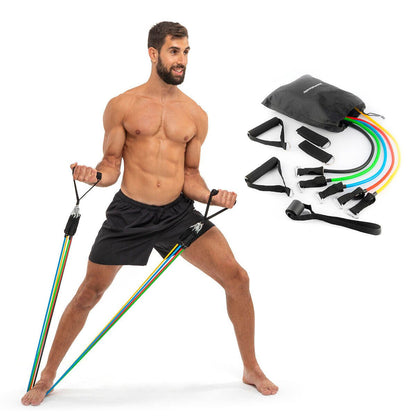 Set de 5 bandas de resistencia innovagizmo con accesorios y guía de ejercicios para entrenamiento en casa, en colores variados.