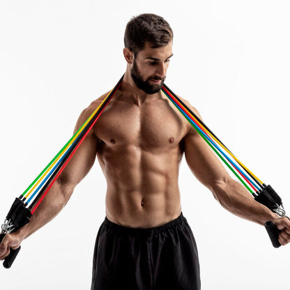 Set de 5 bandas de resistencia innovagizmo con accesorios y guía de ejercicios para entrenamiento en casa.