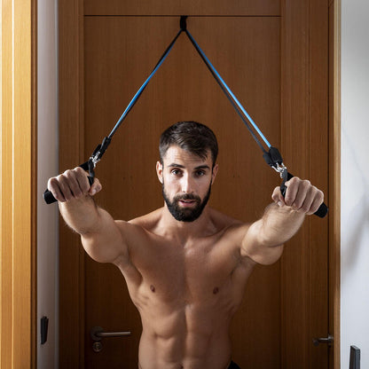 Set de 5 bandas de resistencia Innovagizmo con accesorios y guía de ejercicios para entrenamiento en casa y fitness.