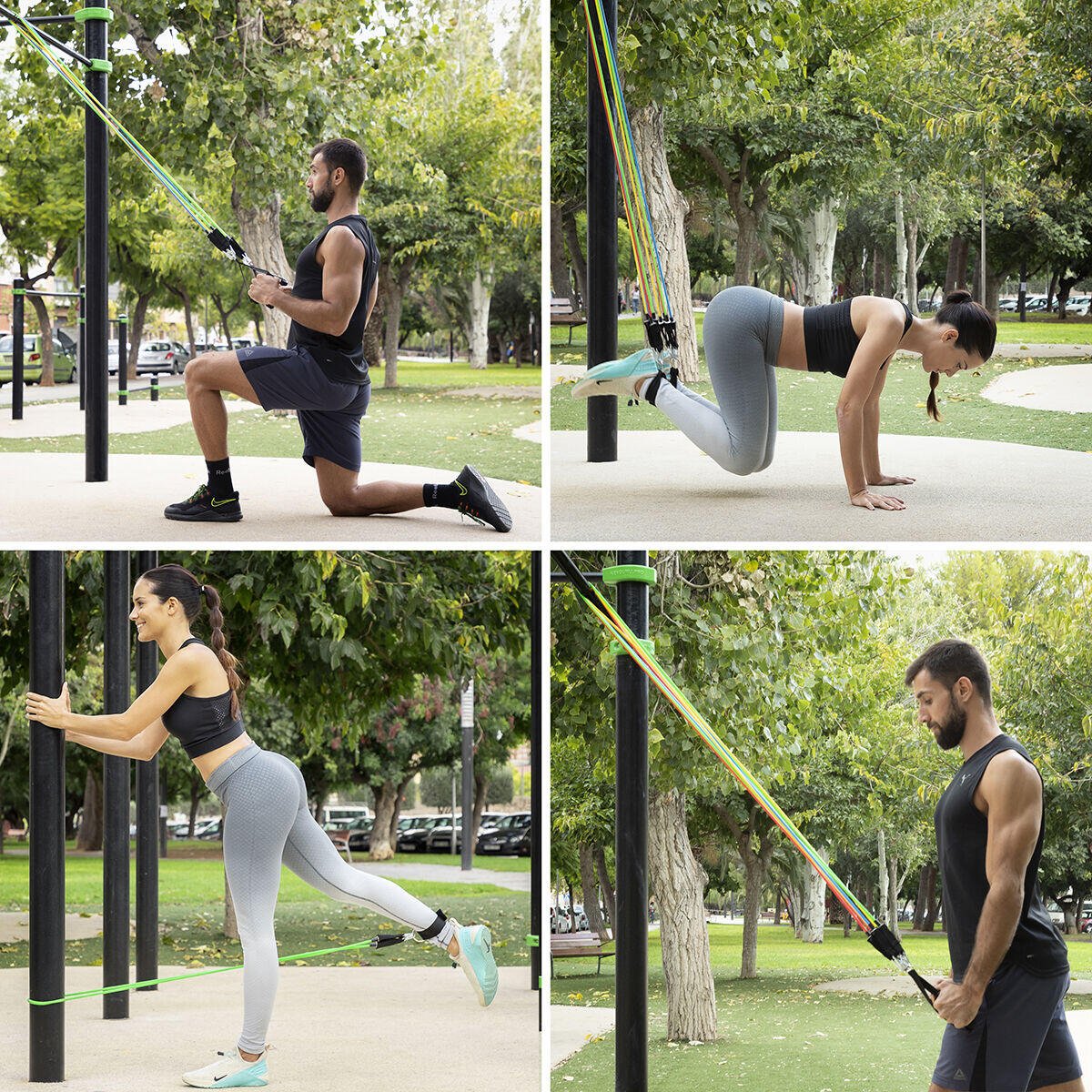 Set de 5 bandas de resistencia innovagizmo con accesorios y guía de ejercicios para entrenamiento en casa.
