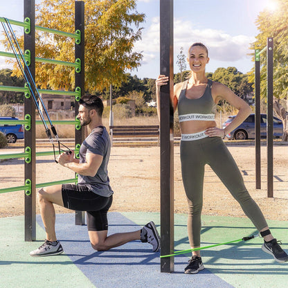 Set de 3 bandas de resistencia Innovagizmo con accesorios y guía de ejercicios para entrenamiento en casa.