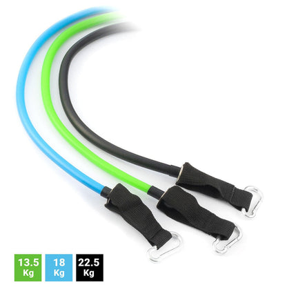 Set de 3 bandas de resistencia innovagizmo con accesorios y guía de ejercicios para entrenamiento en casa.