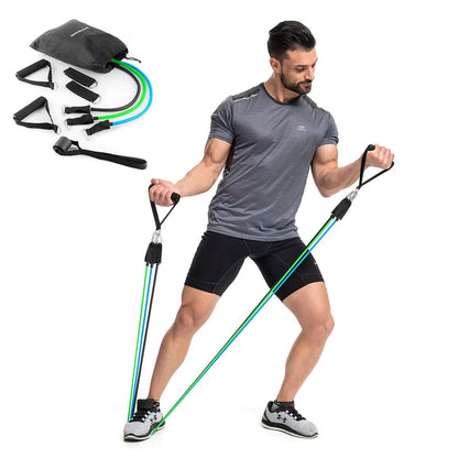 Set de 3 bandas de resistencia innovagizmo con accesorios y guía de ejercicios para entrenamiento en casa.