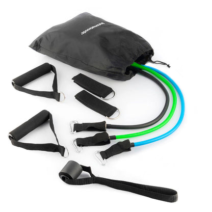 Set de 3 bandas de resistencia Innovagizmo con accesorios y guía de ejercicios para entrenamiento en casa.
