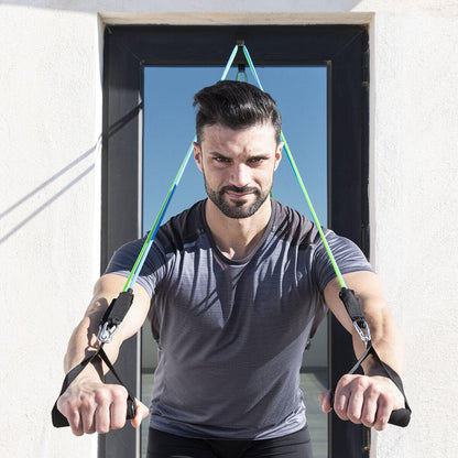 Set de 3 bandas de resistencia innovagizmo con accesorios y guía de ejercicios para entrenamiento en casa.