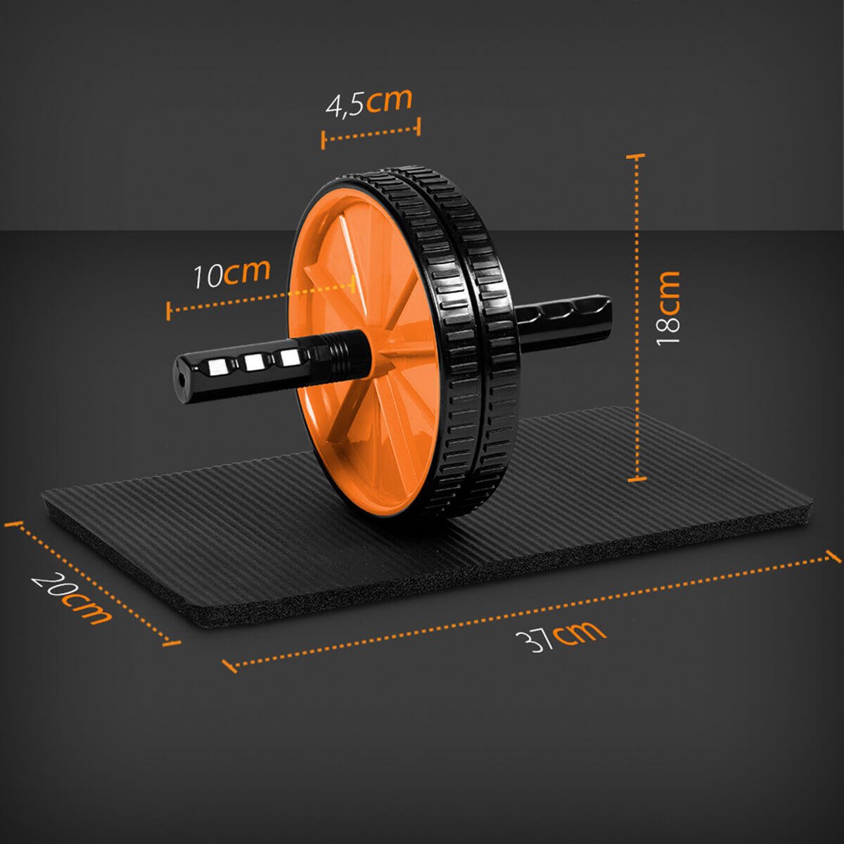 Set de rodillo abdominal y alfombrilla ergonómica de 2 niveles para ejercicio fitness, marca Innovagizmo, en color negro y gris.