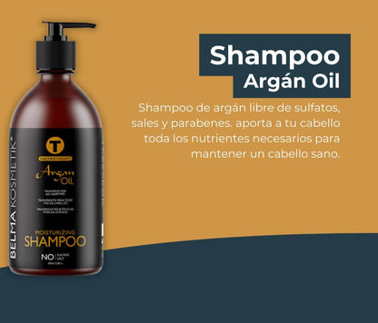 Kit de mantenimiento capilar XARODIST con 3 productos de argán para todo tipo de cabello, incluyendo shampoo y tratamiento multifuncional.
