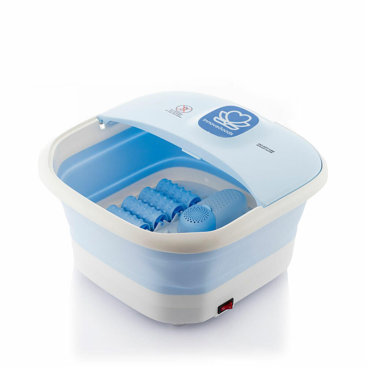 Spa para pies plegable Footopy InnovaGoods con rodillos e hidromasaje, visible en el interior con agua y accesorios.
